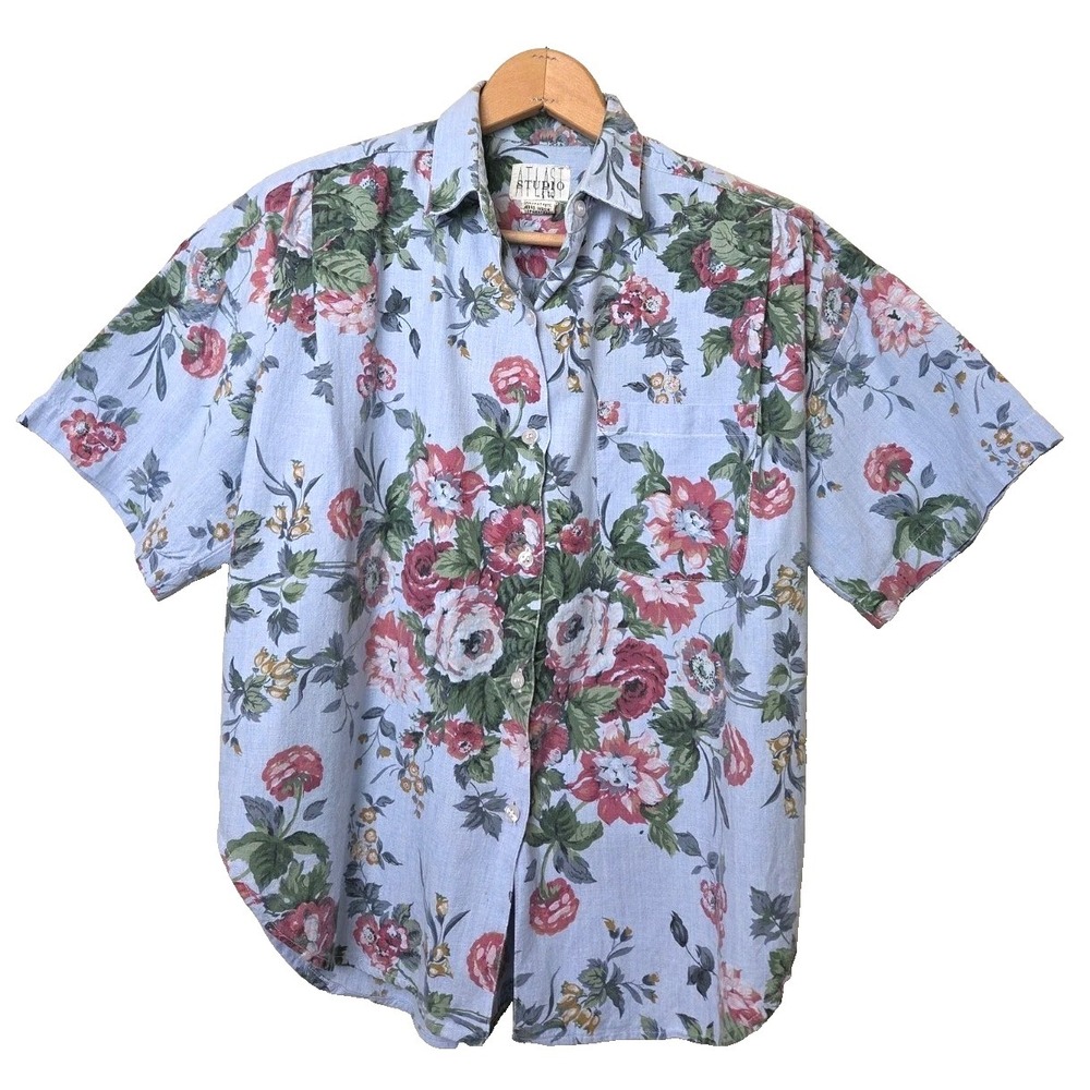 Vtg Cottage Rose Floral Chambray Button Up Shirt Cotton 80s 90s India Size S